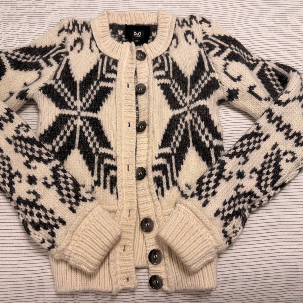 💥 D&G Cream Black Nordic Knit Button Cardigan Sz 38